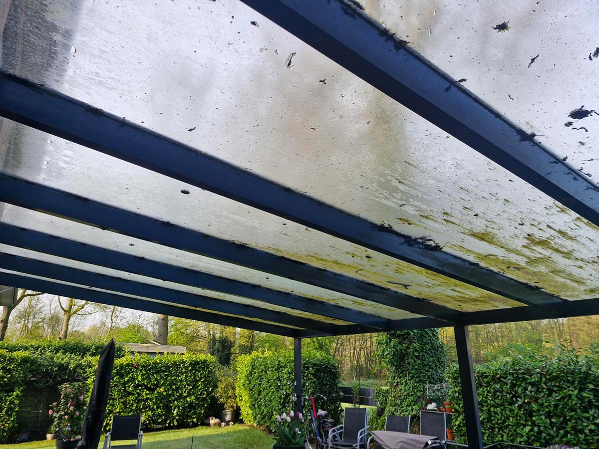 Unter einer transparenten, verschmutzten Überdachung steht ein möblierter Gartenbereich