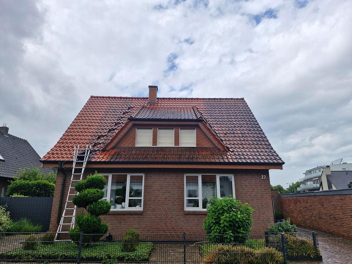 Ein rotes Ziegeldachhaus mit Leiter, verzierten Bäumen und bewölktem Himmel